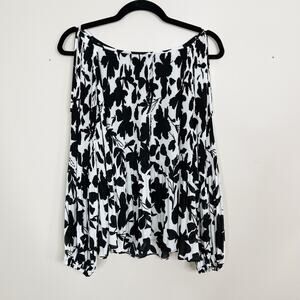 INC International Concepts Cold Shoulder Pleated Floral Blouse Black White M